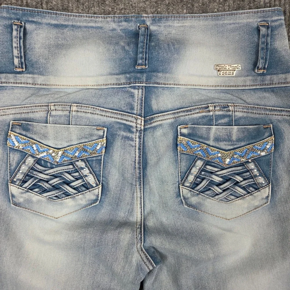 Tush Push Womens High Rise Skinny Jeans Light Wash Embellished Size 13 261016